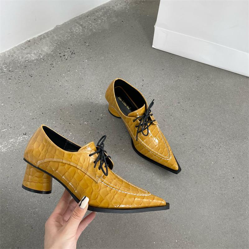 

Dress Shoes Shiny Crocodile Pattern Pointed Toe Pumps Woman Round High Heels Women Japanned Leather Lace-up Oxfords Talons Hauts 2021, Black