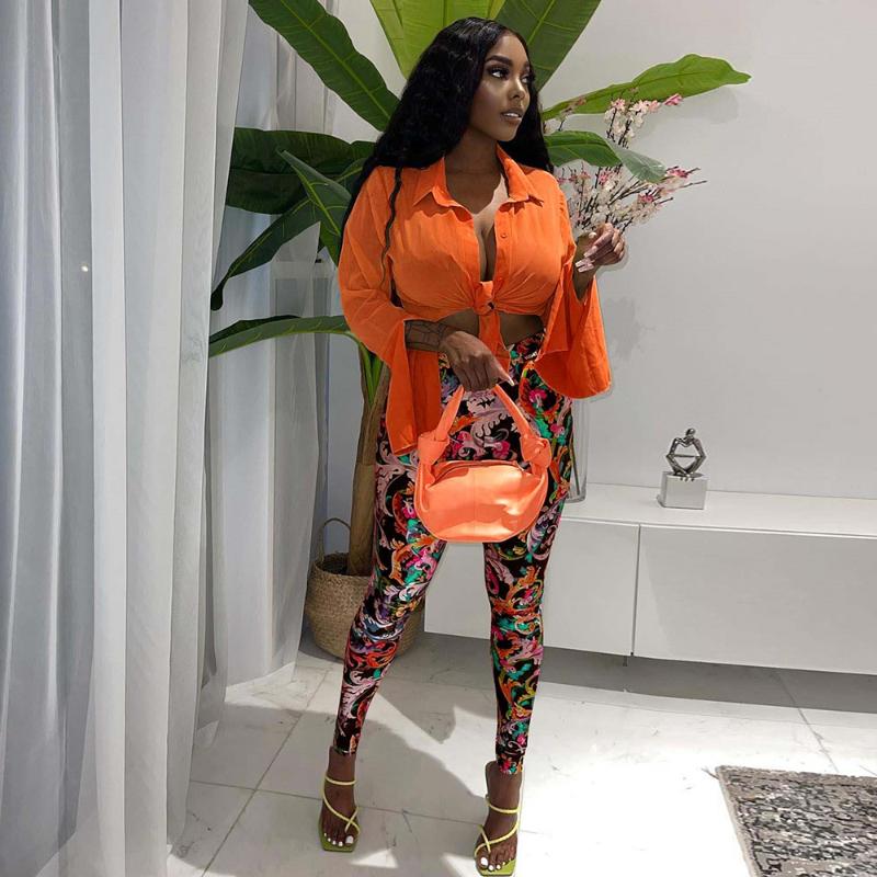 

Women' Two Piece Pants 2022 Spring 2 Matching Sets Women Clothing Turn Down Collar Split Long Sleeve Crop Top And Print Skinny Legging Trac, Orange