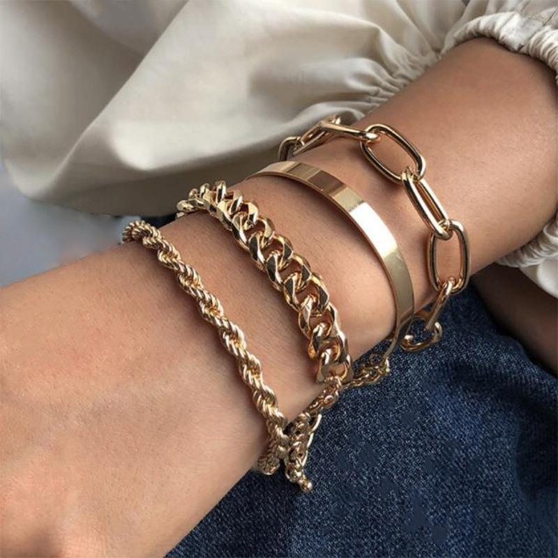 

Link, Chain 4Pcs Punk Cuban Bracelets Set For Women Boho Thick Gold Color Charm Bangles Fashion Jewelry