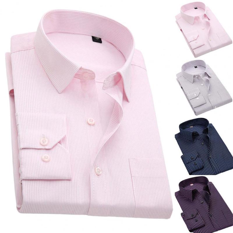 

Men's Casual Shirts 2021 Fashion Simple Polyester Formal Shirt Striped Long Sleeve Men Pocket Lapel Buttons Dress Streetwear For Daily, Pink