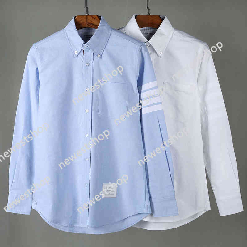 

2021 Fashion Tb Thom Brand Shirts Men Slim White Long Sleeve Striped Shirt Turn Down Collar Oxford Solid Men' Clothing