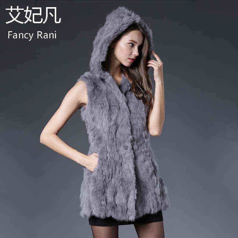 

Genuine Rabbit Fur Vest Hooded 2018 Winter Spring New Rabbit Fur Silm Waistcoats Ladies Natural Real Fur Coat Long Jacket Solid C0929, Gray