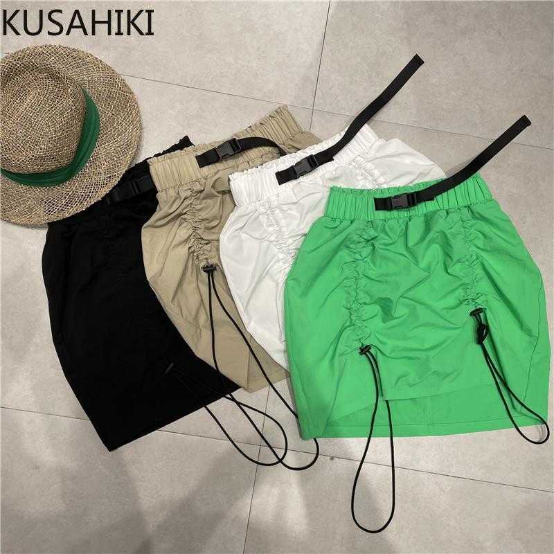 

KUSAHIKI Korean Pleated Draw String Woman Skirts Belt High Waisted Mini Skirt Summer Sexy Slim Faldas De Mujer 6J693 210602, Green