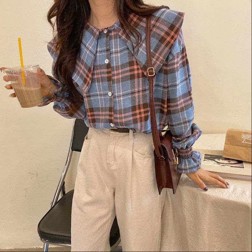 

hzirip sale vintage plaid womens shirts peter pan collar fashion korean style brief chic gentle office lady casual, White