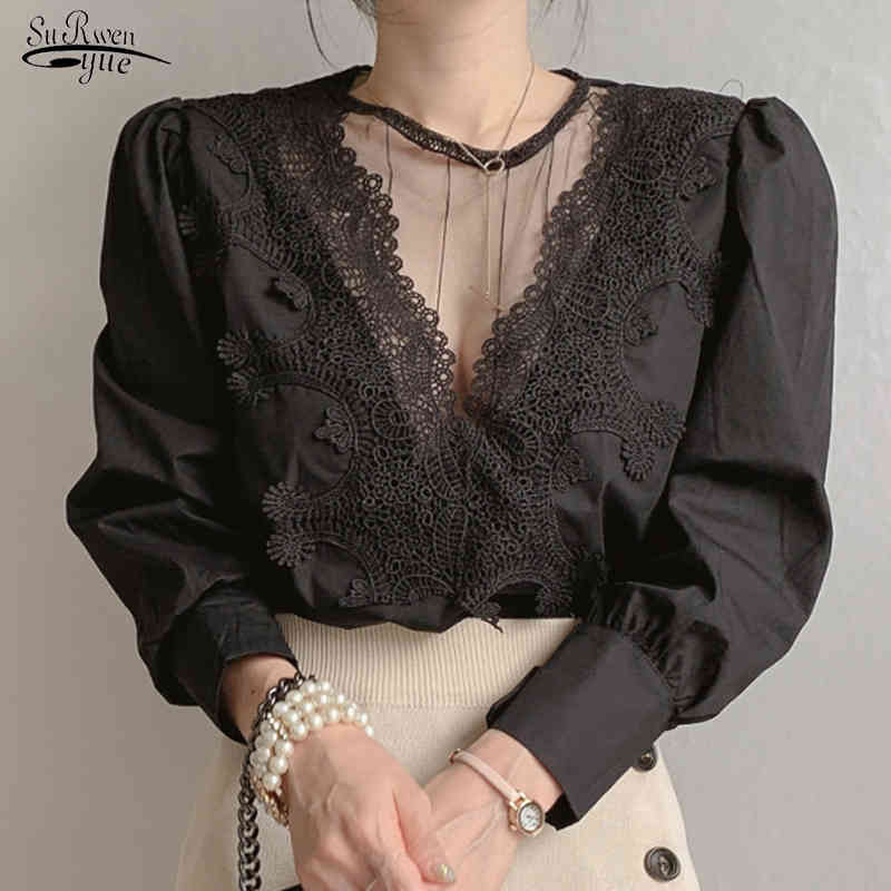 

Spring Autumn Long Sleeve Women Blouse with Lace White Black Female Tops Office Lady Elegant Sexy Shirts Pullover Blusas 12451 210521