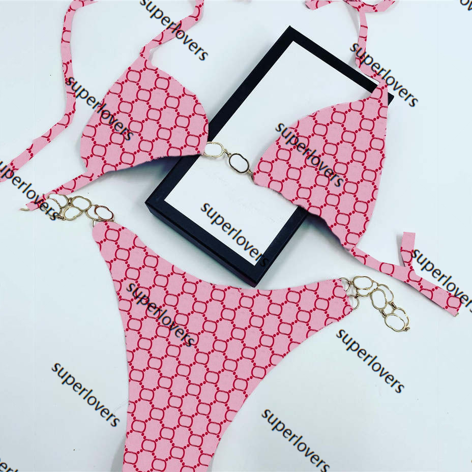 

Vintage Letters Chain Design Bikinis Sexy Padded Push Up Beach Tops Briefs Summer Comfortable Cool Swimsuit for Women, Brown