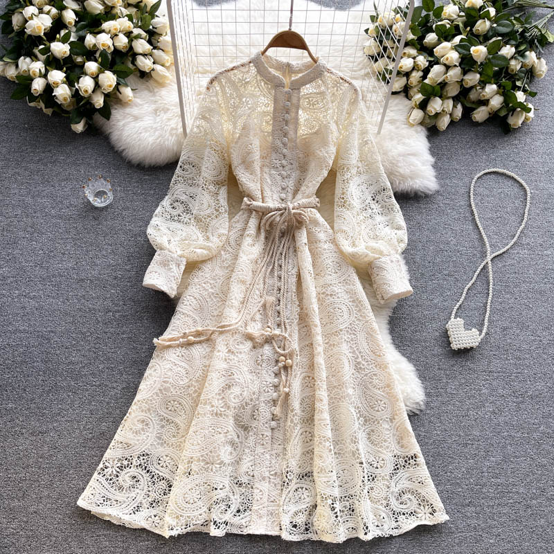 

A Line lace Elegant Hollow Out Women Dresses Boho Lantern Long Sleeve High Waist Bandage With Vest Midi White And Black Female Fashion 2022