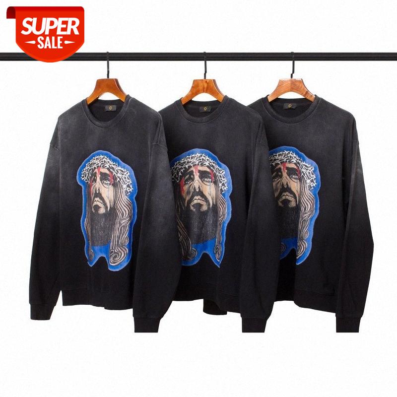 

Tearful Jesus Washed and Distressed Retro Gradient OVERSIZE Loose Cotton Terry Round Neck Sweatshirt #LD0h, Black