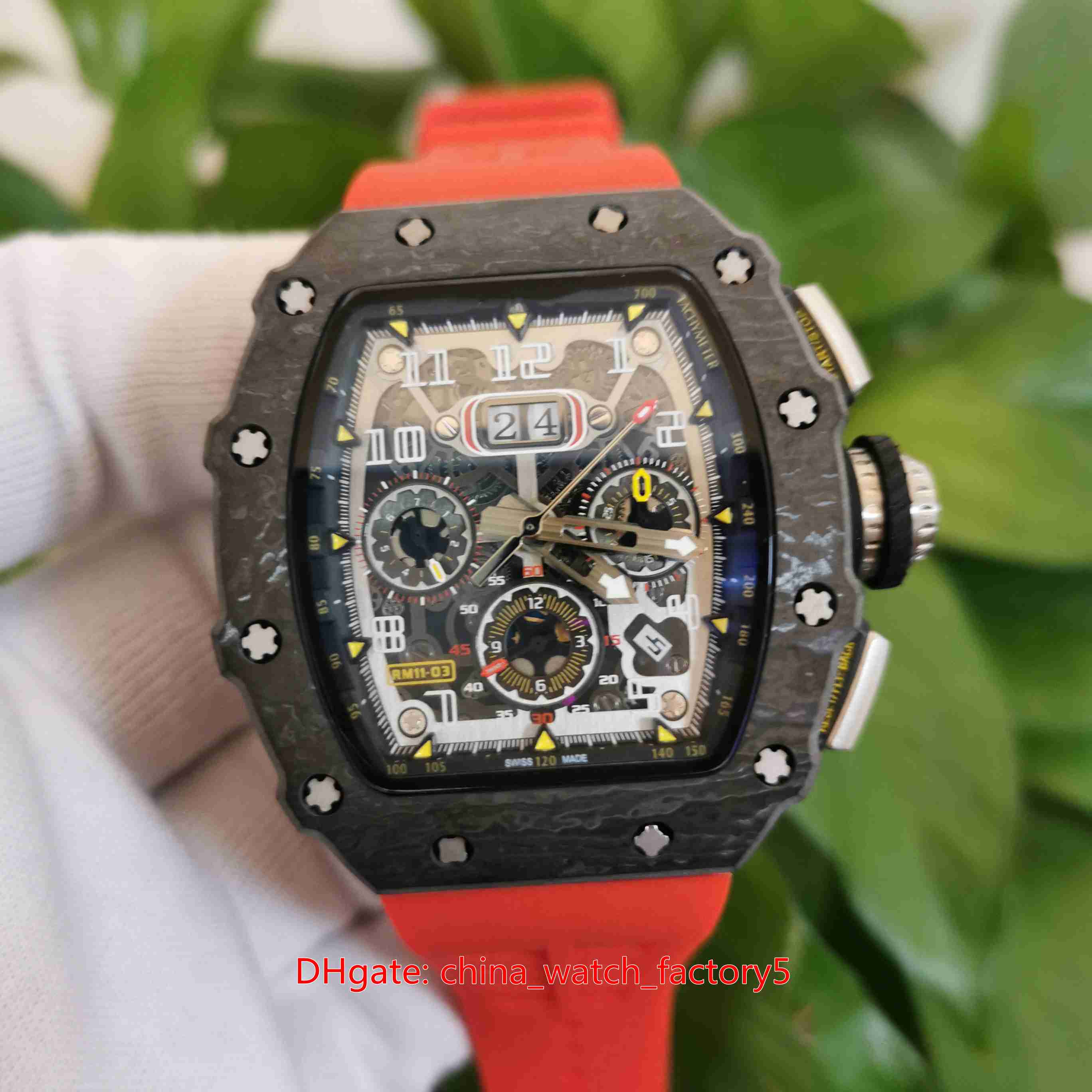

Hot Selling Top Quality Watches 50mm x 44mm R11-03 NTPT Carbon Fiber Red Rubber Bands Transparent Mechanical Automatic Mens Men's Watch Wristwatches, No box papers
