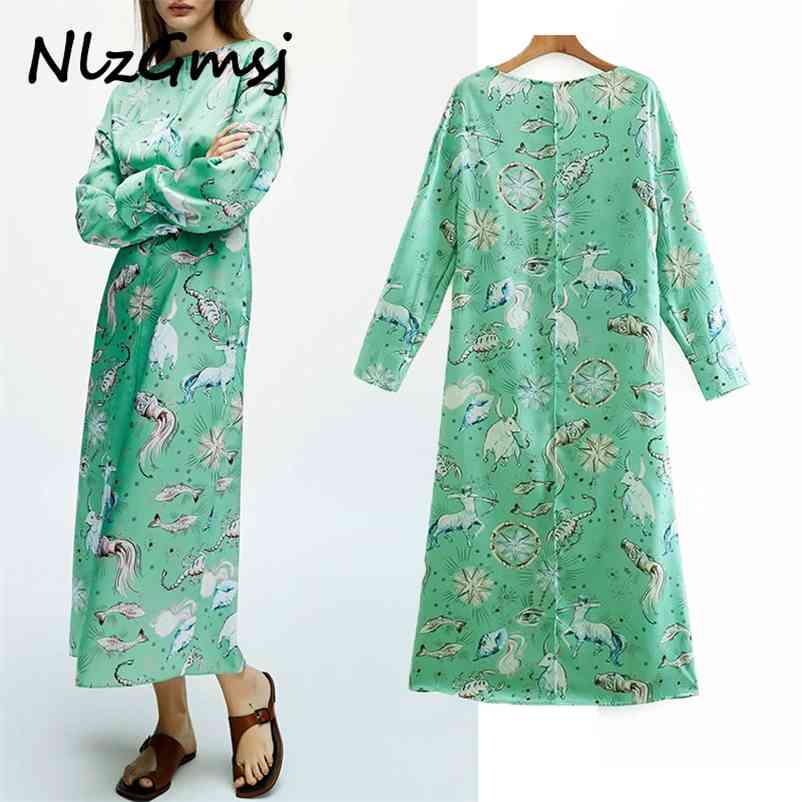 

Dres Vintage Print Green Midi Elegant Long Sleeve Holiday Casual Ladies es Party 04 210628, As picture