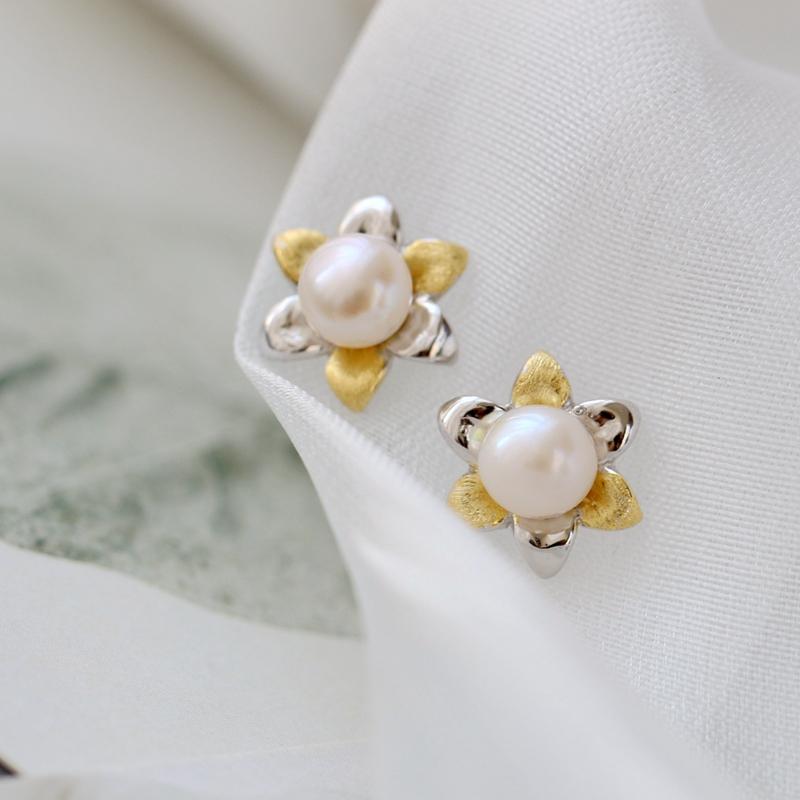 Stud Authentic 925 Sterling Silver Petal Earring Inlaid 6mm Natural Freshwater Pearl Earstuds Wedding Party Fashio Fine Jewelry Gift-image-700542006