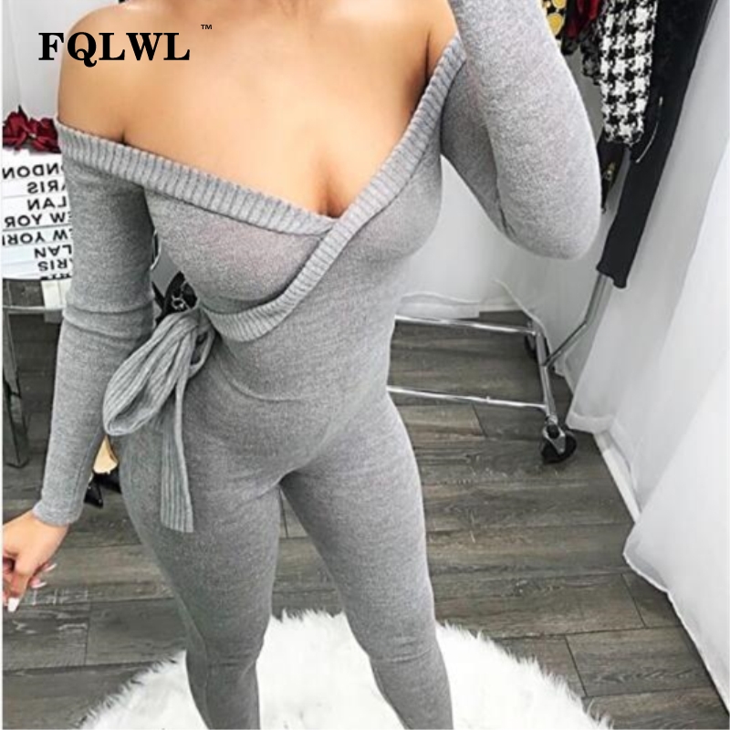 

FQLWL Off Shoulder Bodycon Sexy Jumpsuit Women Knitting Long Sleeve Red Black Rompers Womens Jumpsuit Female Overalls For Women