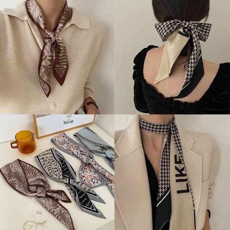 

small Qianniao Long lattice Silk Scarf Hair women's binding bag belt versatile spring and autumn suit high-grade imitation silk