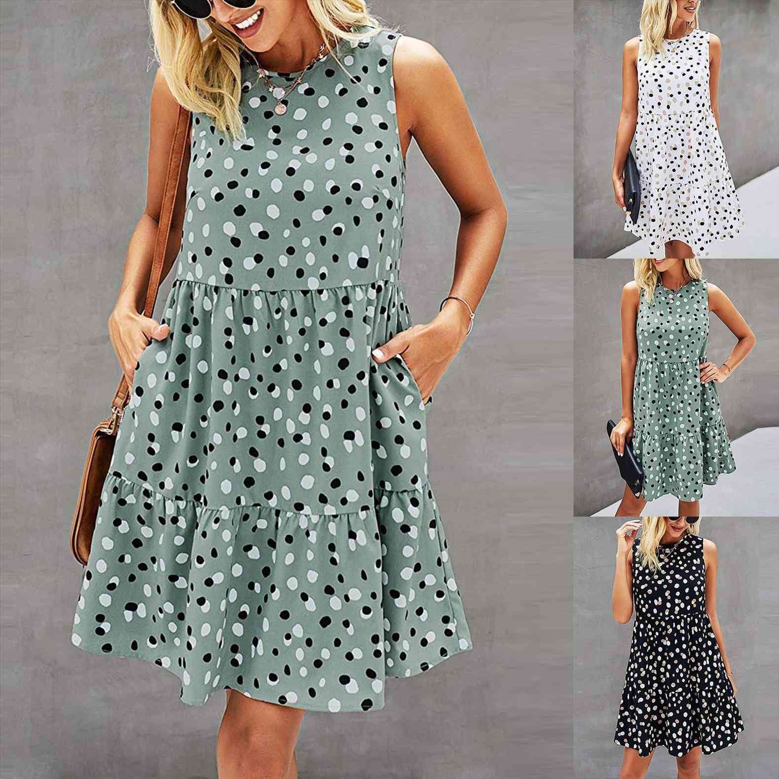 

summer dot prints sleeveless womens dress a line loose swing t shirt with pockets vestidos mujer casual, Black;gray