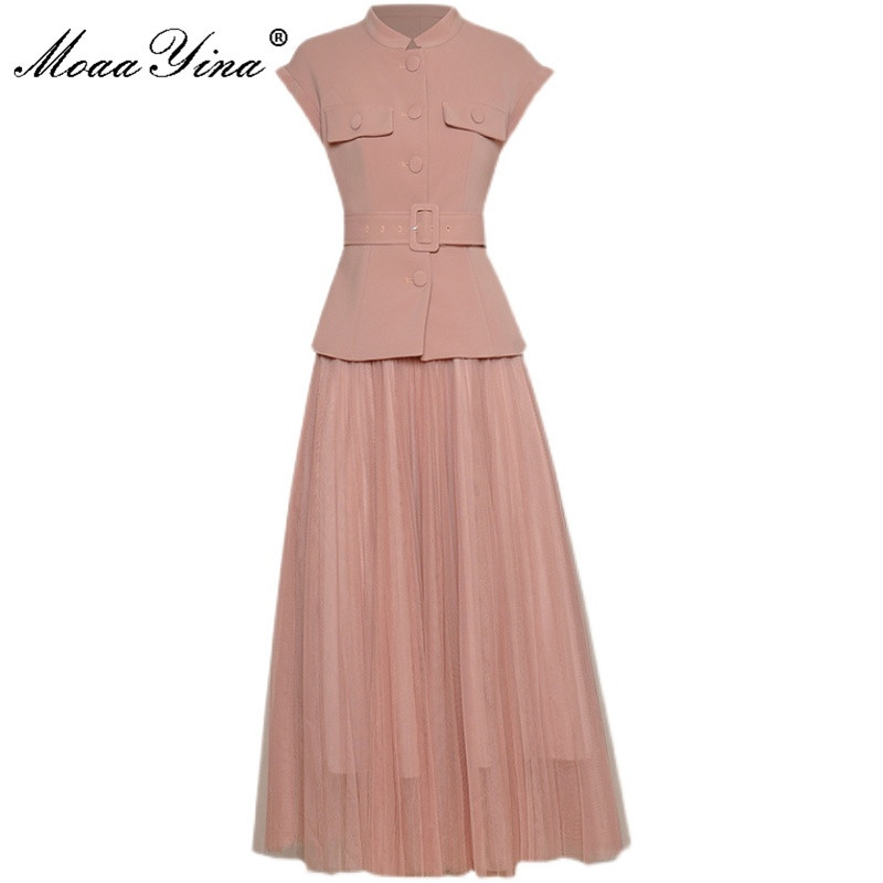 

Fashion Designer Set Summer Women Stand collar Single-breasted Slim Top and Elasticity A-line mesh Skirts 2 Pieces Suit 210524, Army green