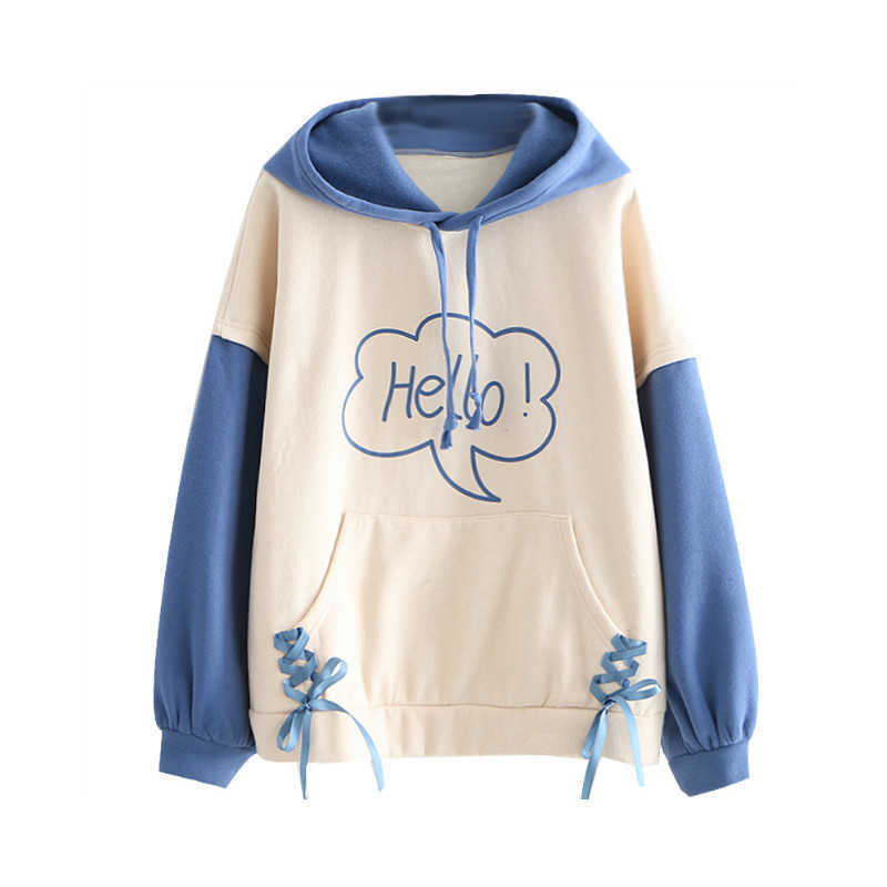 

MERRY PRETTY Women Letter Print Color Patchwork Hooded Sweatshirts Winter Plus Velvet Long Sleeve Pocket Hoodies Sweet Pullover 210526, Red