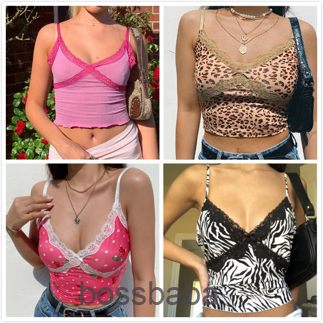 

Women Summer Tank Tops Sweet Bowknot Strawberry Leopard Print Crop Top Fashion Halter Sleeveless Tube Top V-neck Printed Suspender Vest, 3328 green