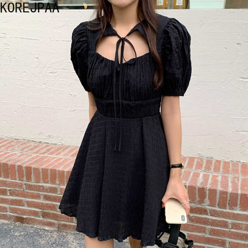 

Korejpaa Women Dress Summer Korean Chic Ladies Hepburn Style Square Neck Lace Front Back Hollow High Waist Textured Vestido 210526, Black