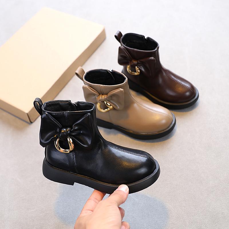 

Boots 2021 Winter Big Children Fashion With Metal And Bow Girls Solid Black PU Waterproof Kids Ankle Drop, Khaki