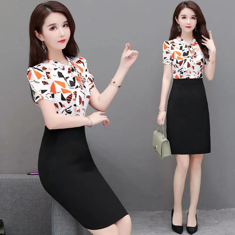

Two Piece Dress Summer high end celebrity temperament show thin and foreign style printed shirt professional light ripe chiffon woman, White