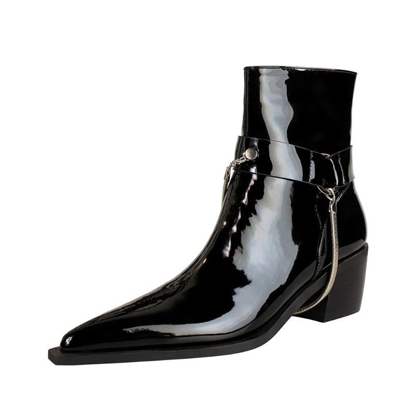 

Boots Est Women Shoes Retro Thick Heel High Heels Pointed Metal Chain Ankle Patent Leather Short Knight 40, Black