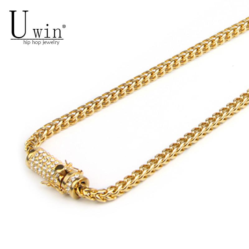 

30" Mens Hip Hop Necklace Iced Out 6mm Gold Stainless Steel Franco Cuban Box Chain Link Rhinestone Clasp Chains