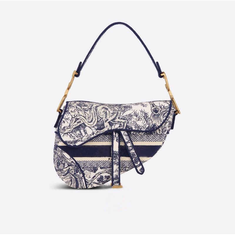 

Women Fabric Embroidery Saddle Bag Letter Metal Hardware Stirrup Closure Interior Back pocket Designer Lady Adujustable Strap Shoulder Bags, Bag dustbag