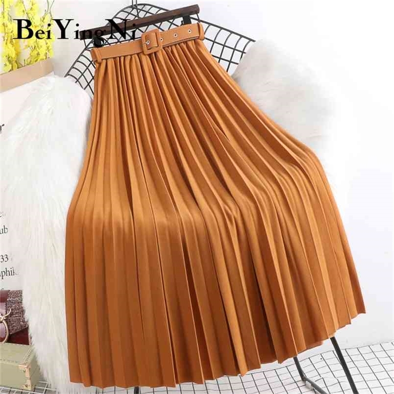 

Beiyingni High Waist Skirts Womens Belt Fashion Metallic Party Midi Pleated Long Skirt Black Pink Casual Korean Falda Mujer Saia 210702, Green