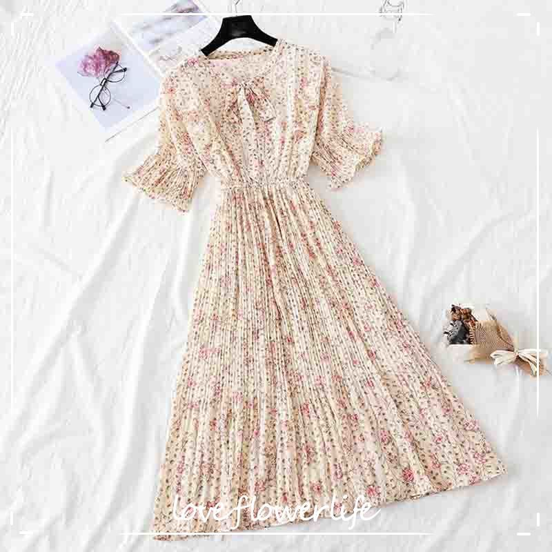 

Summer Chiffon Dress Women Vintage Print Floral Long Dress Short Sleeve Elastic Waist Ruffles Pleated Dresses Vestidos 210521