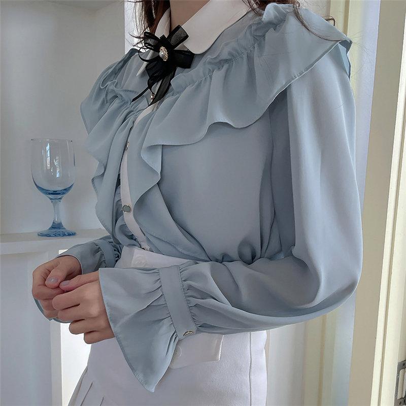 

Women' Blouses & Shirts HziriP Girls Plus Size Sweet Flare Sleeves Light Ruffles Basewear Retro Casual Princess Gentle Streetwear Office La, Blue