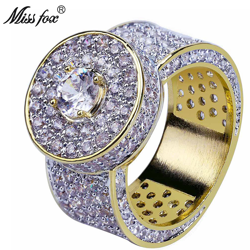 

Hip Hop Classic 18k Gold Rings Men Sparkling Big Cubic Zirconia Ring Prong Setting Full Diamond Micro Pave Men Jewelry