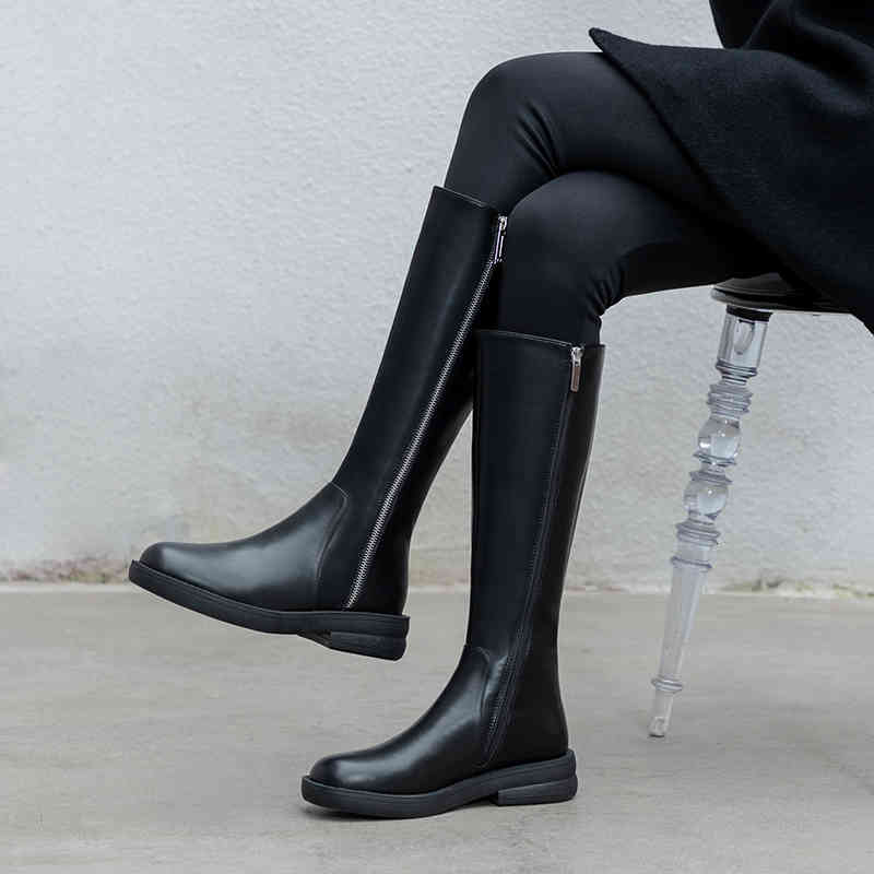 

boots concise genuine leather side zipper motorcycle woman antumn winter office shoes euro style knee high i2il, Black