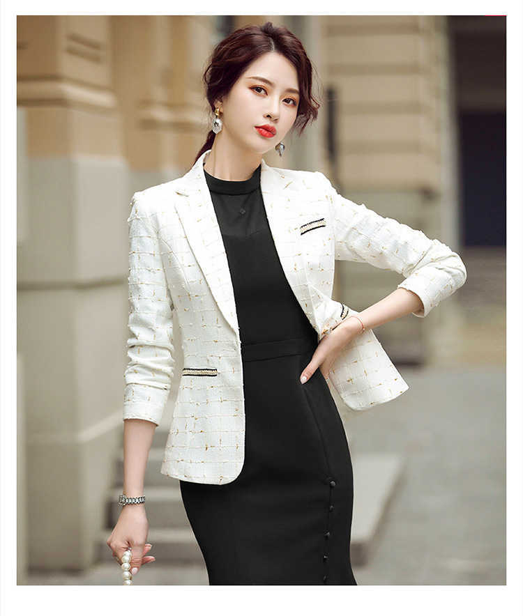 

Plaid small suit jacket women autumn and winter Korean fashion casual Polyester Single Breasted Office Lady 210603, Beige
