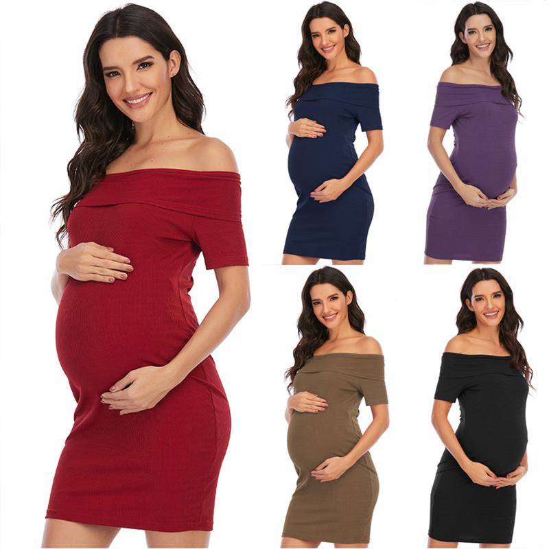 Women Dress Maternity Dresses Summer Solid Color Shoulderless One Shoulder Short Sleeve Clothing 5 Style Bodycon Dresses-image-752400987