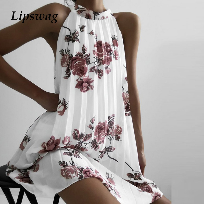 

casual summer sleeveless halter beach dress vintage floral print lady party dress 2021 elegant women pleated loose chiffon dresshigh quality, Black;gray