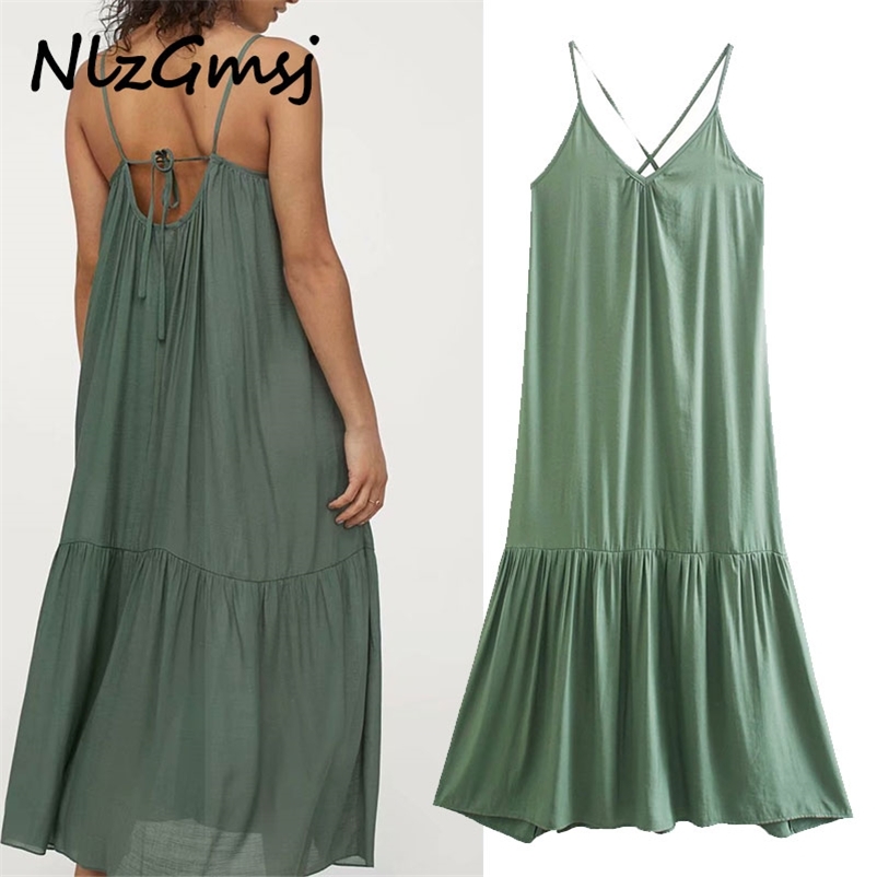 

Dres Boho Holiday Strapless Loose Green Midi Backless Sexy Vacation Chic Tie Up Vestidos 210628, As picture