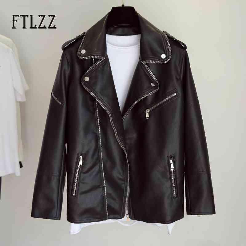 

Women Biker Black Leather Jacket Spring Autumn Loose Moto Faux Coat Ladies Zipper Turn Down Collar Pvs Outwear 210602