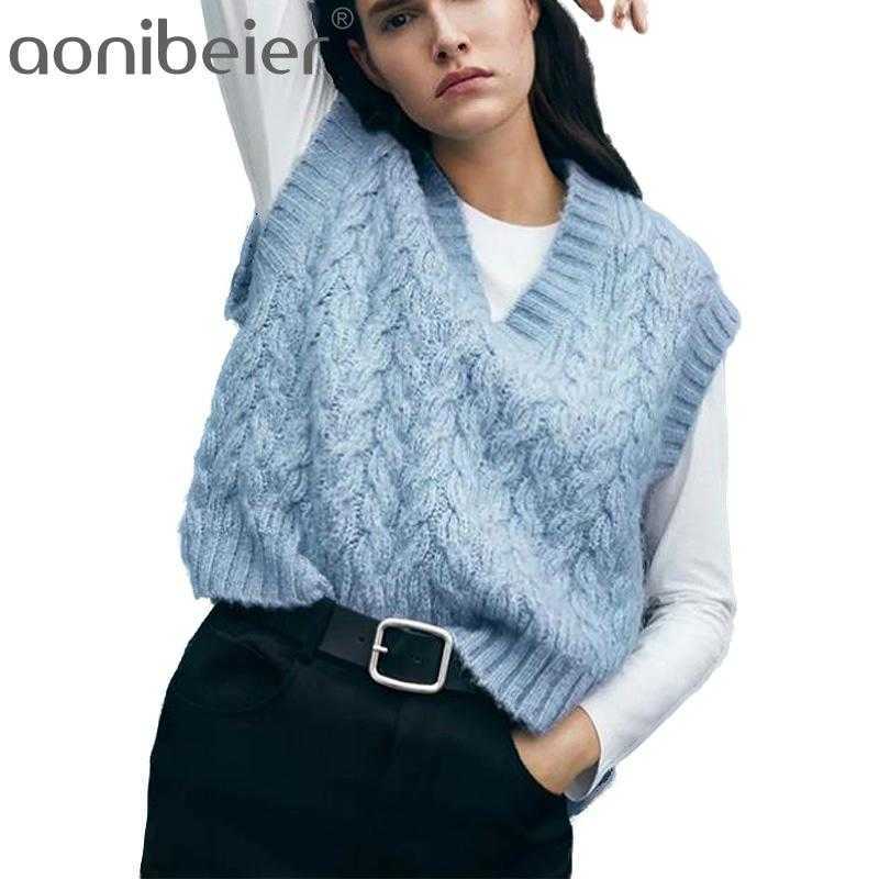 

Twist Blue Cropped Cable-Knit Sweater Vest Vintage V Neck Female Waistcoat Tops Pull Sans Manche Winter Pullover 210604