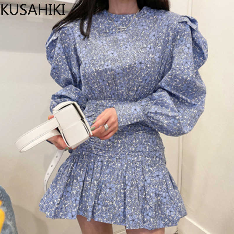 

Vintage Floral Woman Dress Pleated Slim Waist Elegant Vestidos Puff Sleeve O-neckdresses Spring Summer 6G529 210603, Blue