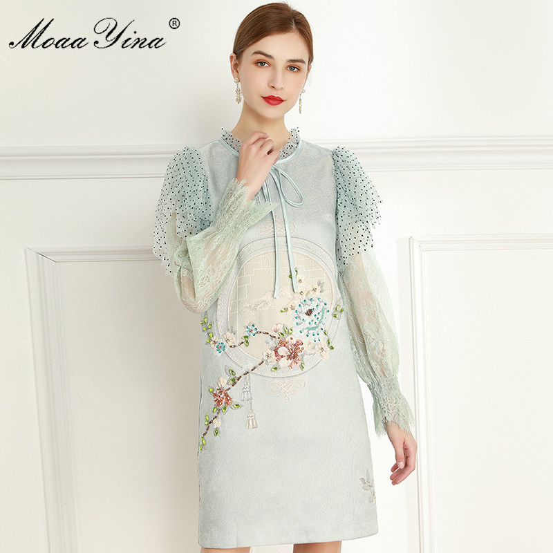 

Fashion Designer dress Summer Women's Dress Ruffles Lace Long sleeve Flowers Beaded Vintage Dresses 210524, Turquoise