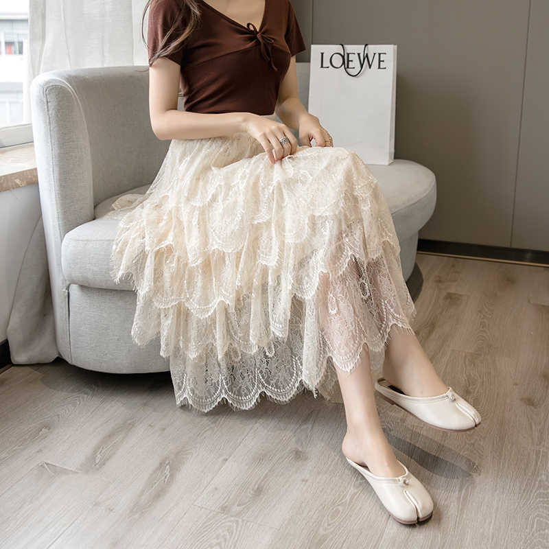 

Maxi Chiffon Skirt Women Fashion Korean Elastic High Waist Cake Long Skirts Female Lady Black apricot Bottoms 210604