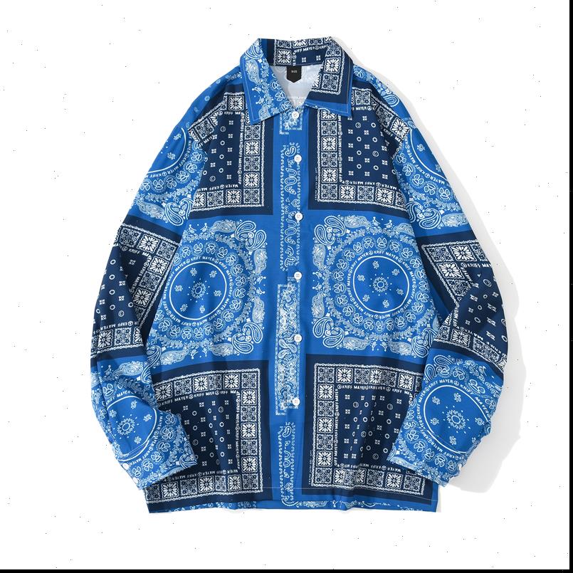 

[ewq] spring nw blue bandana womens shirt print retro turn down collar street long sleeved casual shirts plus size, White