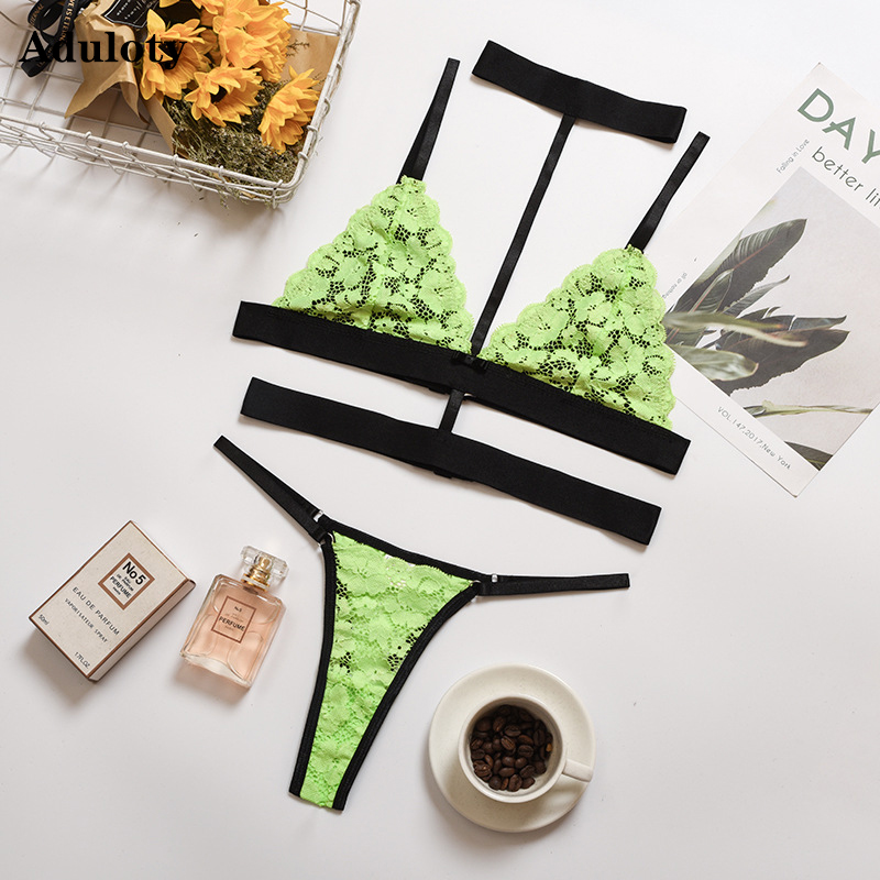 

Aduloty Fluorescent color New womens lace flower underwear set wire free halter comfortable bra thong erotic sexy lingerie set, Red