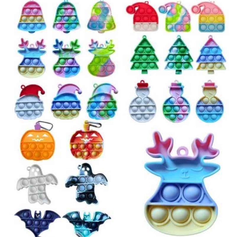 

Christmas halloween Kids Children gifts push pop fidget toys key chain rings rainbow cartoon bubble puzzle keychain Xmas tree bell elk pumpkin ghost toys H911RJ6O