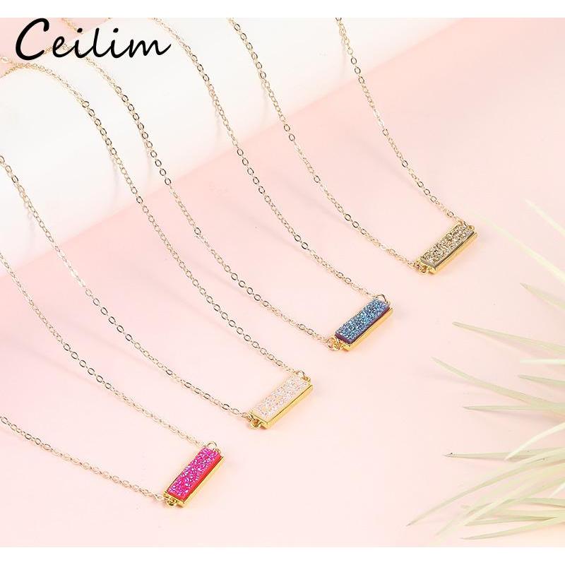 

New Fashion Resin Druzy Necklace For Women Gold Plated Chain Statement Colorful Rectangle Stone Pendant Choker Necklace Jewelry 724 T2, Silver