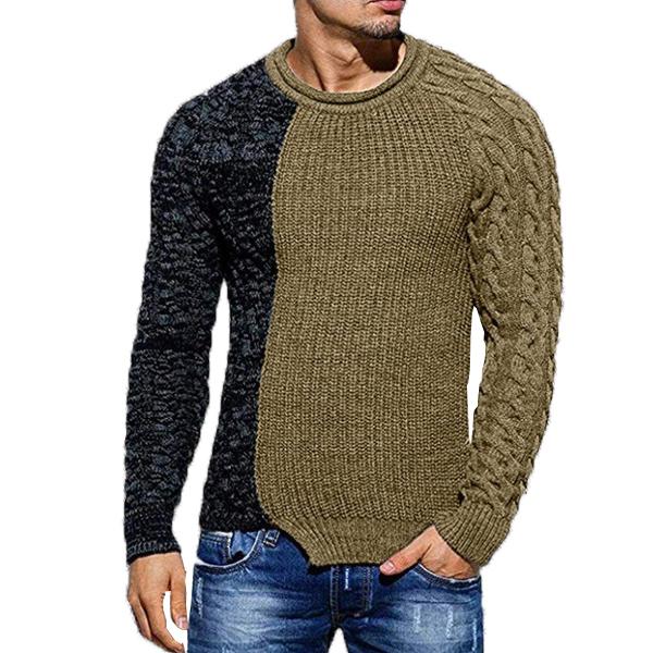 

Autumn winter patchwork color sweaters long sleeve new casual men' low round neck sweater pullover sweater, Khaki
