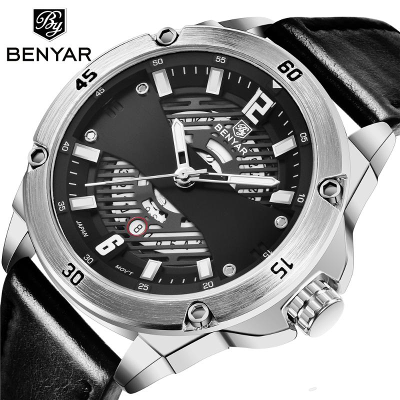 

Wristwatches 2021 BENYAR Men Sport Watches Water Quartz Hours Date Hand Clock Full Stainless Steel Wrist Watch Relogio, Steel gold