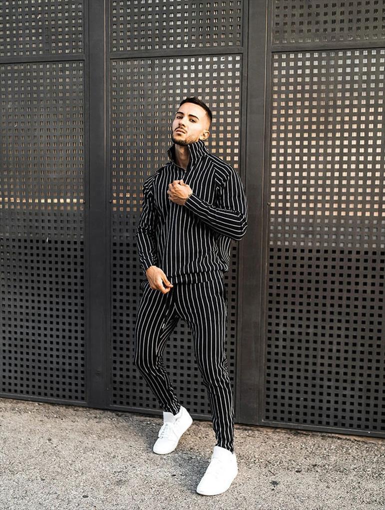 

sets casual stripe sport suits men tracksuits fitness zipper clothing sweatpants slim fashion european trendstracksuits set, Gray