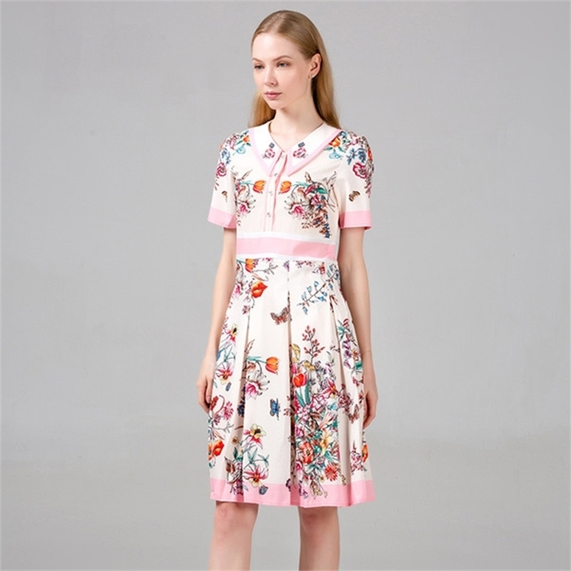 

Turn-down Collar Print Shirt Dress Women Summer Brand Designer Flowers Party Dresses 210602, Pink