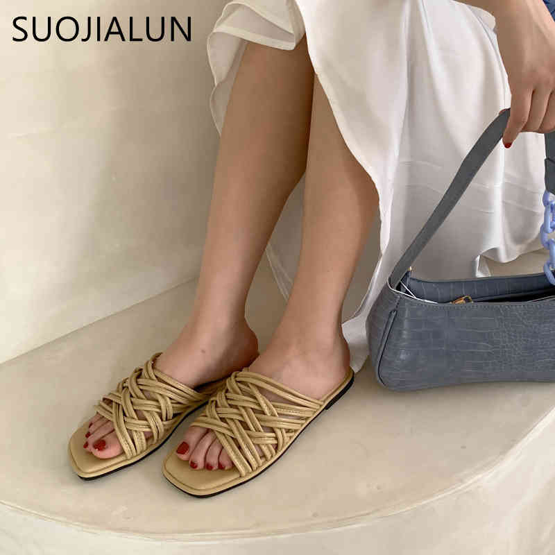 

SUOJIALUN 2021 New Fashion Weave Women Slippers Square Toe Flat Casual Slides Shoes Summer Flip Flops Beach Sandal Big size 41 K78, Beige